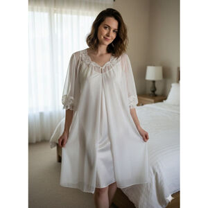 Vintage Vanity Fair White Sheer Lace Peignoir Robe